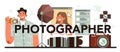 Photographer typographic header. Professional photographer with camera