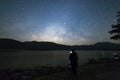 Photographer under the peaceful starry night sky background