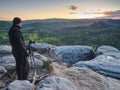 Photographer traveler thinking and set  tripod for camera Royalty Free Stock Photo