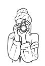Photographer woman girl is holding camera taking photographs. Woman Silhouette for print. Modern continuous line art.
