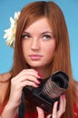Photographer woman holding camera Royalty Free Stock Photo