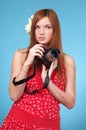 Photographer woman holding camera Royalty Free Stock Photo