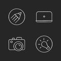 Photographer work elements chalk white icons set on black background