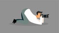 Photographer at work flat vector illustration. Paparazzi, reporter with camera waiting for perfect shot, exclusive photo. Private