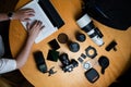 photographer workplace, camera and accesories, working on the laptop Royalty Free Stock Photo