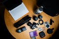 photographer workplace, camera, lens and accesories Royalty Free Stock Photo