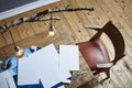 Photographer workspace birch lamp pictures on wooden table