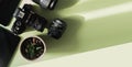 Photographer's or videographer equipment, composition of a camera and lenses on a green background, flat lay. Mock up Royalty Free Stock Photo