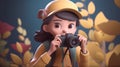 Photographer in yellow hat with camera in the autumn forest, 3d render Royalty Free Stock Photo