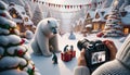 Photographers hands holding a camera and taking pictures of a big polar bear with playful penguins in Christmas decorated village Royalty Free Stock Photo