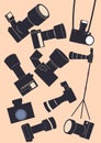 Photographers optical equipment. Different photo cameras. Making snapshots. Shooting pictures. Photographic flash and