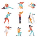 Photographers Taking Photos Using Professional Equipment Set, Men and Women with Cameras Making Pictures Vector