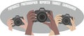 Photographers in vector. The hands of three people are holding black cameras. Logo for operators, tourists, paparazzi, reporters