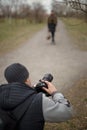 Photographers work with a model on the street Royalty Free Stock Photo