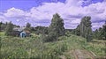 Photographic art picture of abandoned rusty railway road in countryside of Vladimir district under blue cloudy sky