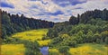 Photographic art picture of countryside typical Russian landscape with forest and river under cloudy dramatic blue sky