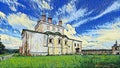 Photographic art picture of famous Goritsky orthodox monastery under blue cloudy sky in summer