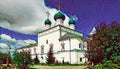 Photographic art picture of famous Goritsky orthodox monastery under blue cloudy sky in summer