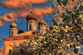 Photographic art picture of famous Goritsky orthodox monastery under blue cloudy sky in summer