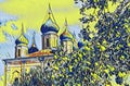 Photographic art picture of famous Goritsky orthodox monastery under blue cloudy sky in summer