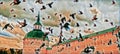 Photographic art picture of pigeon flock moving against Russian orthodox church under dramatic cloudy sky