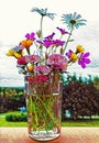 Photographic art picture of various wild summer flowers in facetted glass with spring water