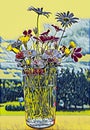 Photographic art picture of various wild summer flowers in facetted glass with spring water