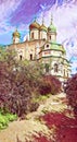 Photographic art picture of way to church concept: footpath to famous Goritsky orthodox monastery under blue cloudy sky in summer