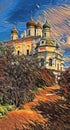 Photographic art picture of way to church concept: footpath to famous Goritsky orthodox monastery under blue cloudy sky in summer