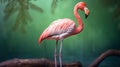 Photographic Flamingo On Wood Branch With Green Background