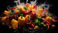 Photographic still life of different bell peppers jumping in water. Illustration AI