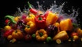 Photographic still life of bell peppers jumping in water