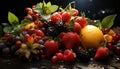 Photographic still life of blackberries, strawberries, raspberries and orange
