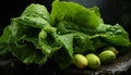 Photographic still life of fresh lettuces with lemons