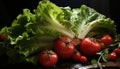 Photographic still life of fresh lettuces with red tomatoes