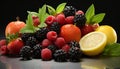 Photographic still life of lemons, blackberries, strawberries and raspberries with leaves of peppermint