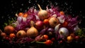 Photographic still lifeo of onions and tomatoes in water