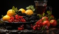 Photographic still life of oranges, apples, blackberries and red grapes Royalty Free Stock Photo