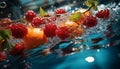 Photographic still life of oranges and raspberries in water