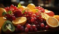 Photographic still life of oranges and red grapes