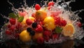 Photographic still life of oranges, strawberries and blackberries jumping in water