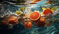 Photographic still life of oranges in water