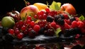 Photographic still life of raspberries, apples, red grapes and blackberries