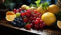 Photographic still life of red and black grapes with oranges