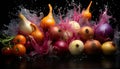 Photographic still lifeo of onions and tomatoes in water. Illustration AI