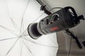 Photographic studio strobe lighting and reflective umbrella