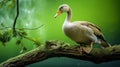 Photographic Style: Duck On Branch In Green Background