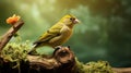 Photographic Style Finch On Wood Branch With Green Background