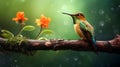 Photographic Style Hummingbird On Wood Branch With Green Background