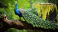 Photographic Style Peacock Perched On Wood Branch In Green Forest